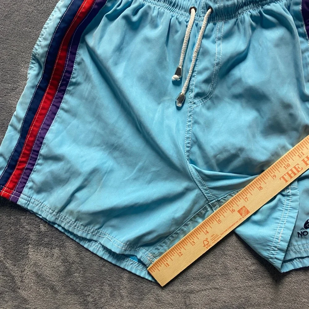 No Age Swim Trunks Mens XL Light Blue Striped Board Shorts Retro Mesh Lined